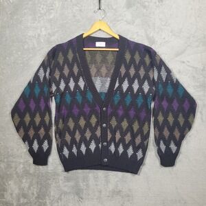 Honneywell & Todd Vintage 90s Argyle Cardigan Sweater Mens XL Black Purple USA